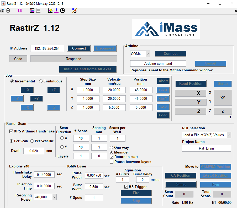 RastirZ is the custom software that controls IR-MALDESI for Tissue Imaging and Proof of Concept Screening and Biophysical Measurements